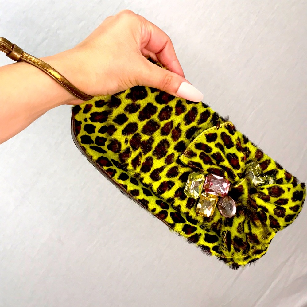 Betsey Johnson 2007 Rare Purse: Green Leopard print with bow and jewels.